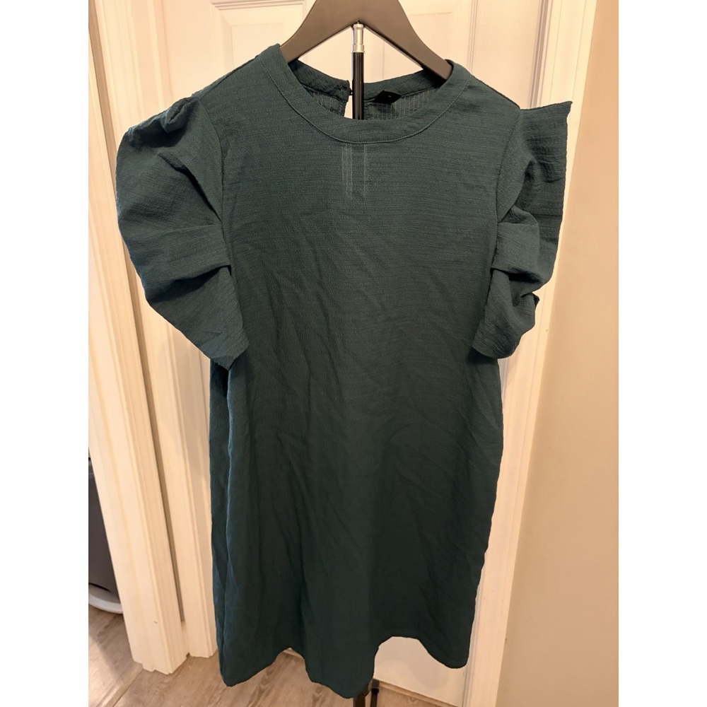 Emery Rose Dark Green Textured Mini Dress L Short Puff Sleeve Fall Jewel Tone